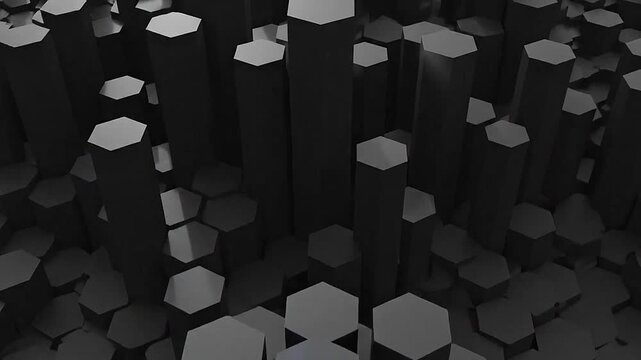 Abstract dark hexagonal columns rise and fall in a dynamic pattern