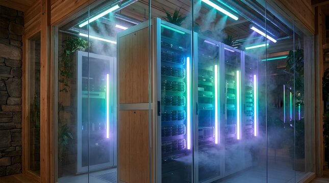 Modern server room racks filled with high performance computing equipment glowing under vibrant neon lights while cool mist swirls around the interior of this technological facility