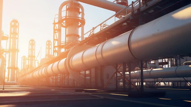 Industrial site showcasing a network of heavy duty pipelines and processing towers, operating as an energy refinery or chemical plant, bathed in the warm glow of a setting sun