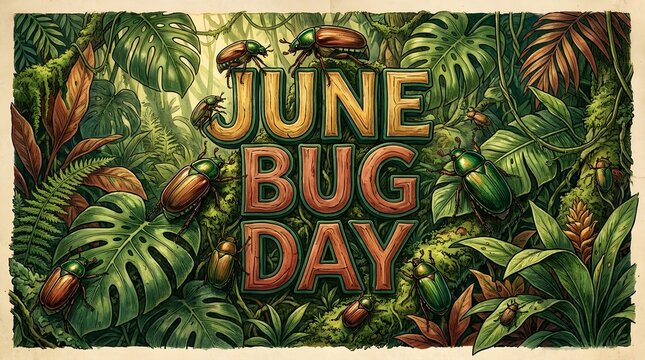 June Bug Day Bold Typography Poster with Tropical Foliage and Botanical Insect Illustration