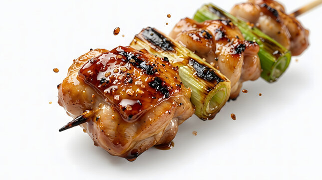 A glistening tare-glazed yakitori chicken and green onion skewer shot in extreme macro, with sauce droplets scattered around.