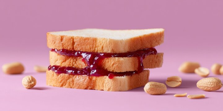 a peanut butter and jelly sandwich with bread, jelly on the top slice of toast