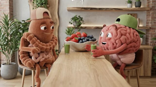 Cute 3D cartoon gut and brain characters wearing caps sit at a wooden table with green smoothies and fresh berries, symbolizing gut-brain connection. Healthy shared breakfast