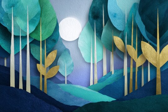 artistic representation of an enchanted forest using a torn paper art concept, tall trees under the moonlight, in shades of blue, green, and gold.
