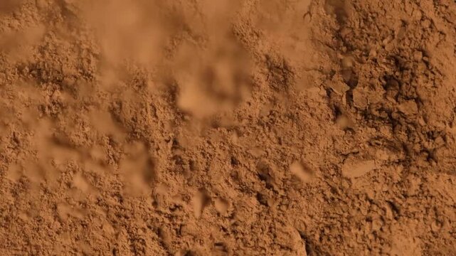 Cinematic overhead view of falling cacao powder for culinary background.