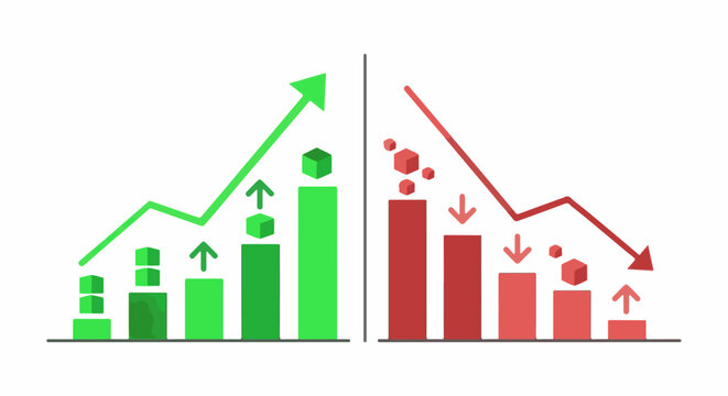 Upward green and downward red bar charts with arrows and cubes