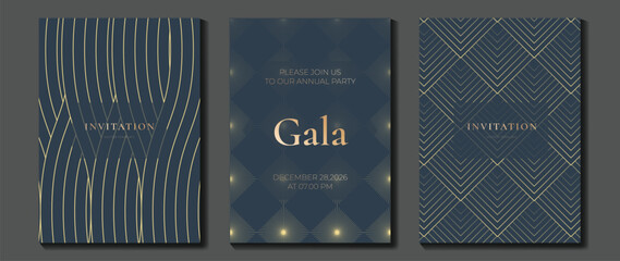 Fototapeta na wymiar Luxury invitation card background vector. Golden curve elegant, gold lines gradient on dark color background. Premium design illustration for gala card, grand opening, party invitation, wedding.