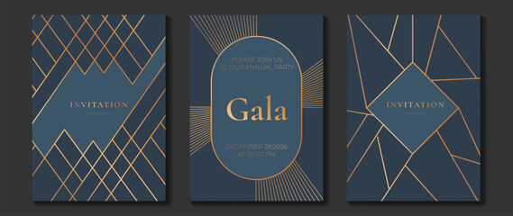 Fototapeta na wymiar Luxury invitation card background vector. Golden curve elegant, gold lines gradient on dark color background. Premium design illustration for gala card, grand opening, party invitation, wedding.