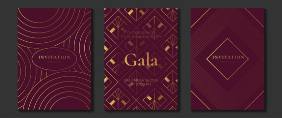 Luxury invitation card background vector. Golden curve elegant, gold lines gradient on dark color background. Premium design illustration for gala card, grand opening, party invitation, wedding.