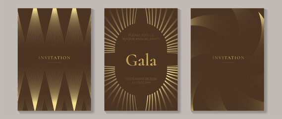 Fototapeta na wymiar Luxury invitation card background vector. Golden curve elegant, gold lines gradient on dark color background. Premium design illustration for gala card, grand opening, party invitation, wedding.