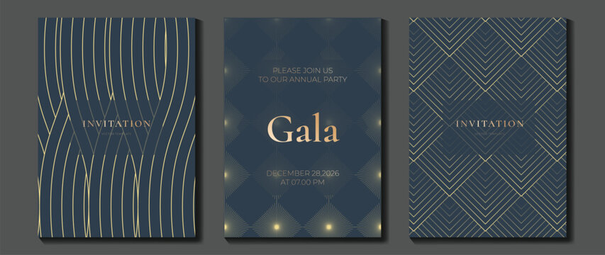 Luxury invitation card background vector. Golden curve elegant, gold lines gradient on dark color background. Premium design illustration for gala card, grand opening, party invitation, wedding.