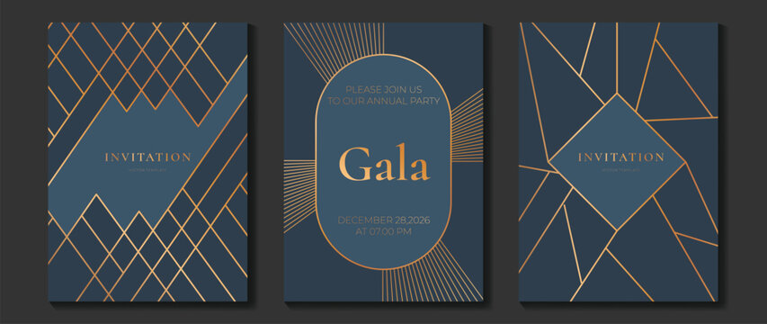 Luxury invitation card background vector. Golden curve elegant, gold lines gradient on dark color background. Premium design illustration for gala card, grand opening, party invitation, wedding.