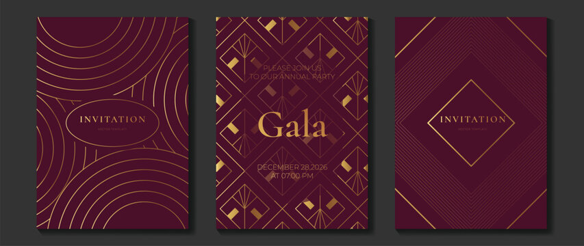 Luxury invitation card background vector. Golden curve elegant, gold lines gradient on dark color background. Premium design illustration for gala card, grand opening, party invitation, wedding.