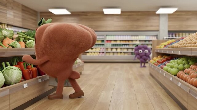 Animated liver explore supermarket with playful and health messages. Lively vegetable characters joyfully shop through bright supermarket aisles expressing fun wellness themes