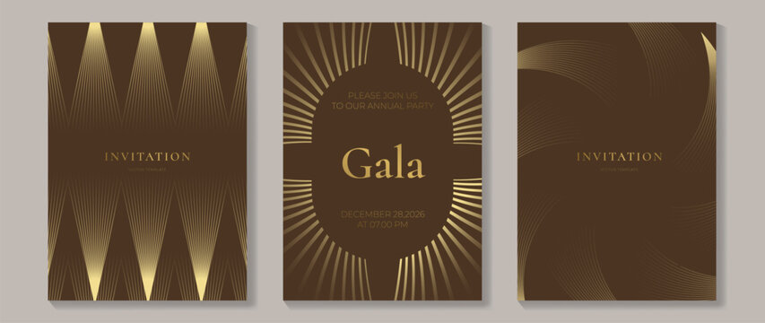 Luxury invitation card background vector. Golden curve elegant, gold lines gradient on dark color background. Premium design illustration for gala card, grand opening, party invitation, wedding.
