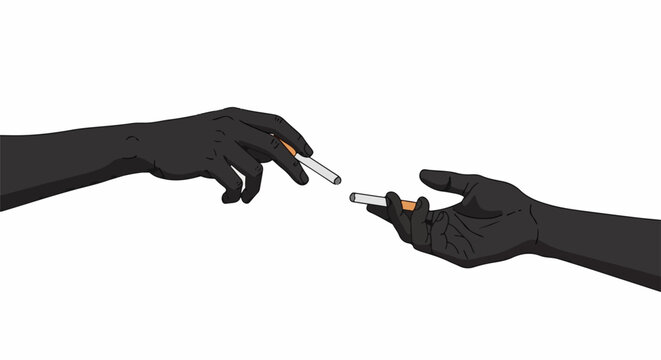 Two dark-skinned hands reaching out, each holding a cigarette