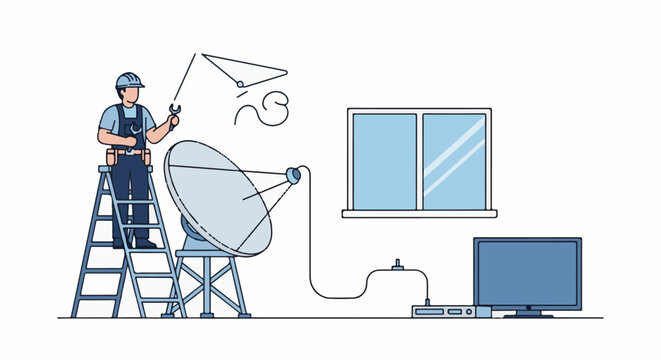 Technician installing satellite dish connecting to TV