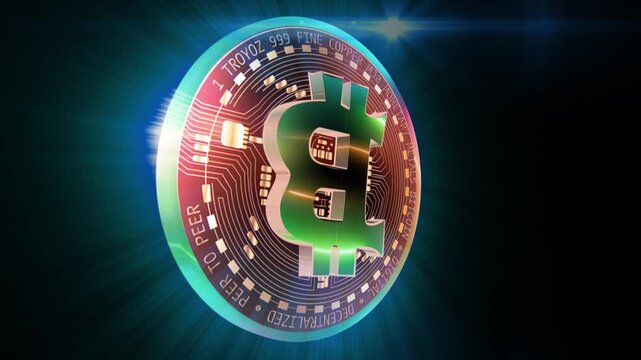 A futuristic composition featuring glowing Bitcoin and dollar-symbol coins floating through cosmic space. Neon colors, a digital atmosphere, and dynamic motion create the feeling of modern financial t