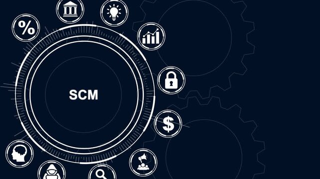 SCM Supply Chain Management Concept with Icons and Gears on Dark Blue Background logistics operations