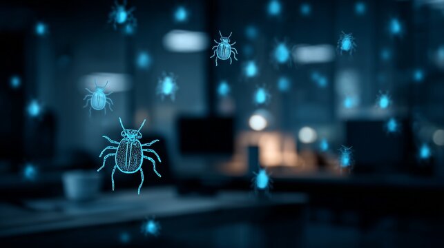 Software Bugs and Digital Virus Icons for Cybersecurity Defense and System Debugging, Malware Attack, Information Security, and Network Vulnerability Concepts