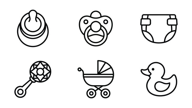 Baby care icons: pacifier diaper rattle stroller duck toy with pacifier stroller illustration collection parenting