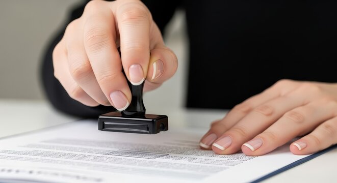 Close-up of a woman's hand applying a notary stamp to a legal document for official validation