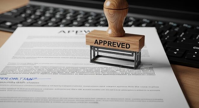 Wooden Approved Stamp on Business Document, Symbolizing Business Agreement and Official Acceptance