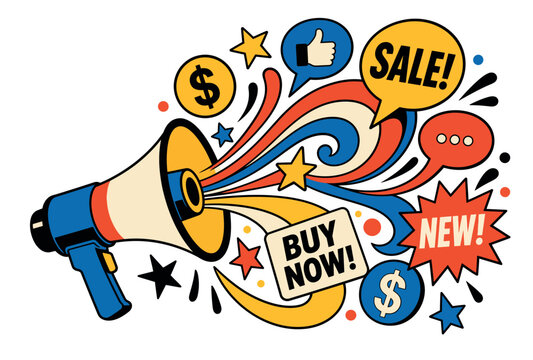 Megaphone with sale signs.