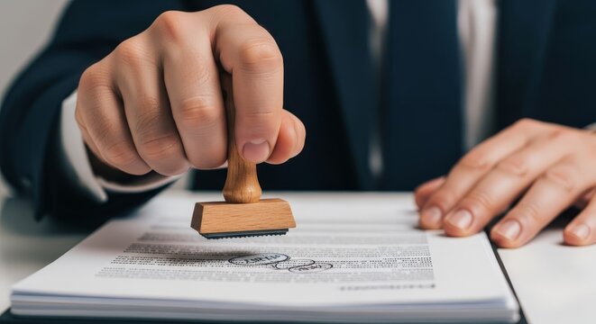Businessman's Hand Applying Official Stamp for Document Approval and Agreement Confirmation in Office Setting