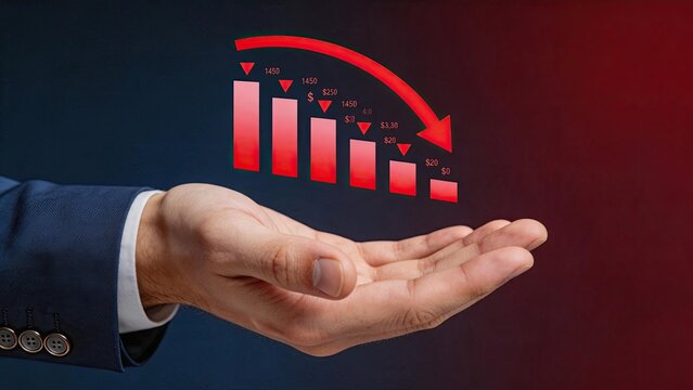 Business loss concept, red arrow pointing down on declining bar chart, financial crisis, economic recession, stock market crash, bankruptcy risk, negative growth, money falling,
