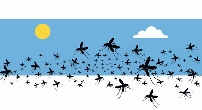 Swarm of mosquitoes against a bright sky with sun and cloud