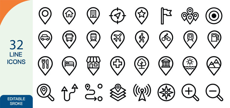 32 line icon set location travel weather and utility symbols for ui ux design