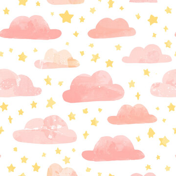 Soft watercolor seamless background with light pink clouds and golden stars. Ideal for kids room wallpaper.