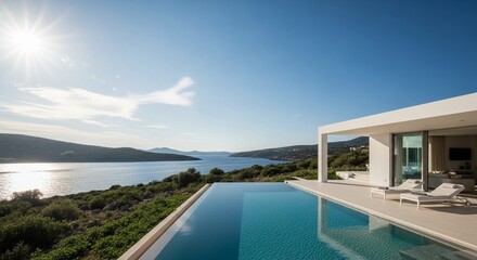 Fototapeta premium Stunning Modern Villa with Infinity Pool Overlooking a Serene Coastal Bay on a Bright Sunny Day