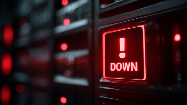 Server Down Alert Indicator For Monitoring System Error And IT Infrastructure Outage, Cybersecurity Risk, Network Failure, Data Center Problem