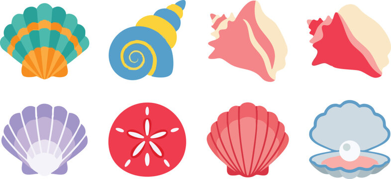 Colorful seashells and sand dollar flat design vector art set