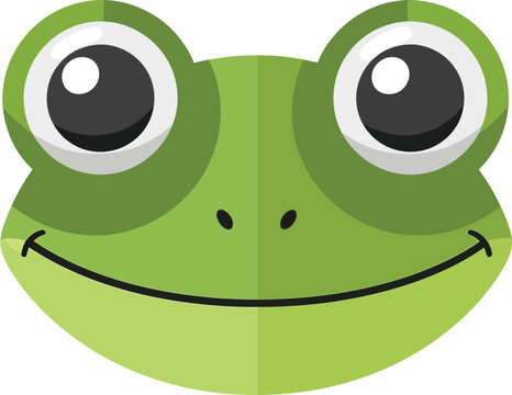 Frog head illustration shows a cheerful green amphibian character with large eyes and a wide smiling mouth.