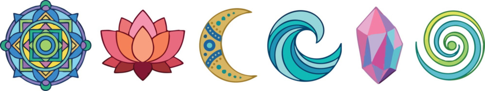 Colorful sacred geometry lotus moon wave crystal and spiral icons vector art