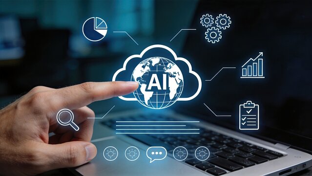Finger touching hologram of global cloud with AI text, connecting data analytics charts and gears for worldwide network technology and future business automation solutions