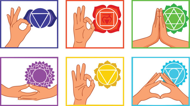 Colorful chakra hand mudras with geometric symbols vector art