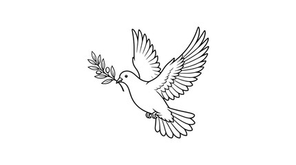 Fototapeta premium Bird dove flying illustration with wings spread, branch leaves, minimal line art for wedding and peace design