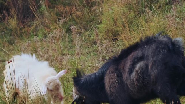 Black domestic goat pushing white goat while asserting dominance, one sided pressure during herd hierarchy interaction on grassy pasture, natural livestock behavior in rural environment