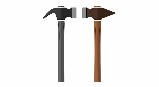 Two hammers, one with a black head and gray handle, the other with brown head and handle