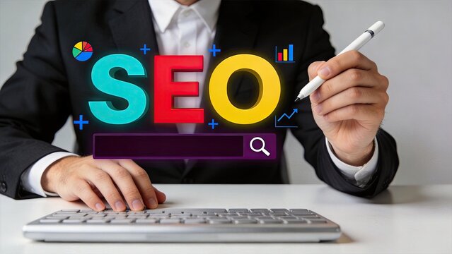 SEO search engine optimization marketing concept with colorful letters and analytics charts, digital promotion strategy for website ranking, internet advertising campaign and