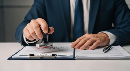 Fototapeta premium Man stamping the word Contract Law on a document, representing legal approval and business agreement.