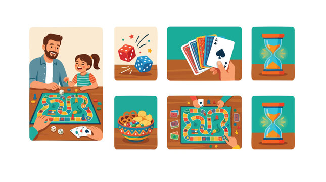 Family playing board game with dice cards snack bowl and turn timer flat design