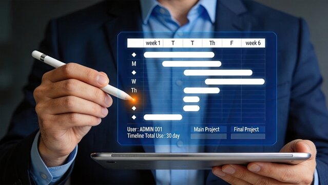 Businessman using tablet with holographic gantt chart timeline interface, managing project schedule, tasks, and deadlines for efficient workflow organization.