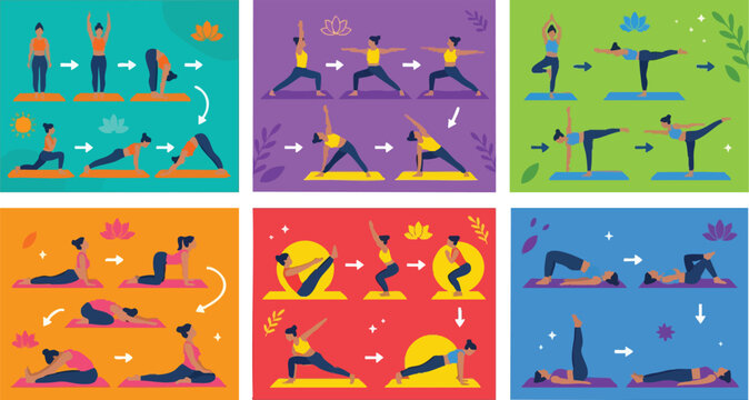Colorful yoga poses sequence flat design with women on mats and lotus flowers