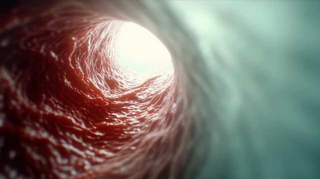 Human blood vessel interior, depicting the complex microscopic structure of an artery or vein, illustrating flowing blood and the anatomical system in detail