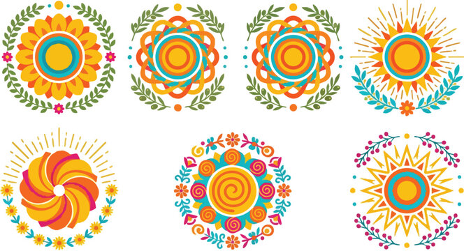Colorful circular floral mandala vector art with orange and teal accents